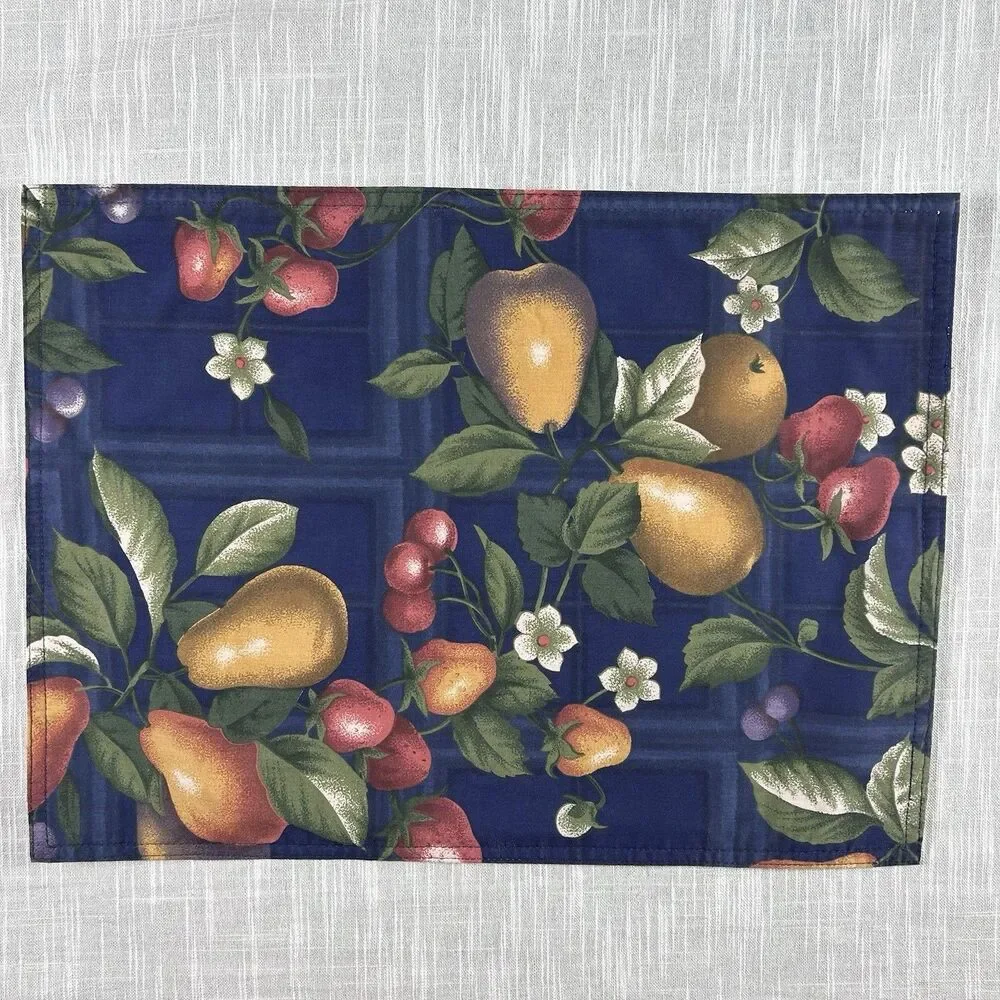 Vintage Handmade Placemats Set Of 4 Cranston Fruit Fabric Handmade MCM Blue